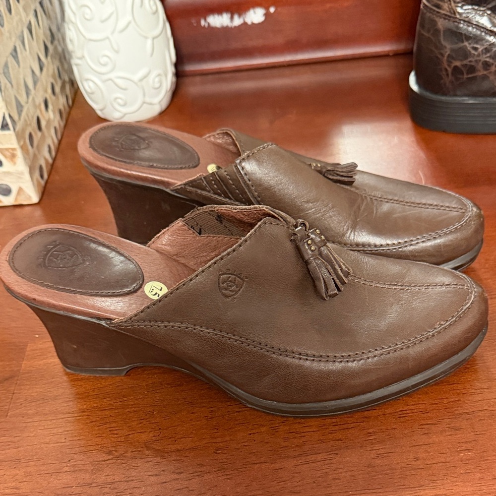 Ariat Brown Leather Tassel Wedge Mules